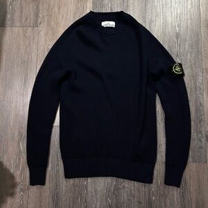 Stone Island Navy Rib-Knit Crewneck Sweater with Compass Patch